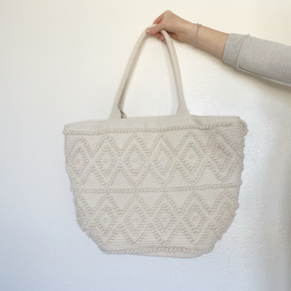 Pom Pom Knit Tote Bag Large Purse Jacquard Textured Cream Ivory Shade & Shore